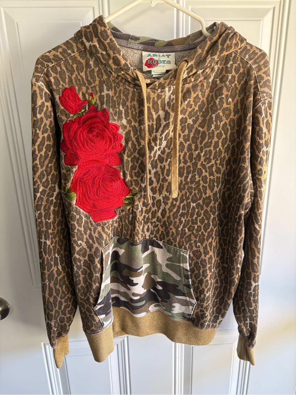 Ariat Brown Leopard Hoodie with Red Rose Appliqué